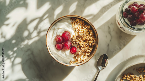 Top down view of a breakfast table with a bowl of cowa mangosteen yogurt and granola fresh and healthy bright morning light real photo stock photography