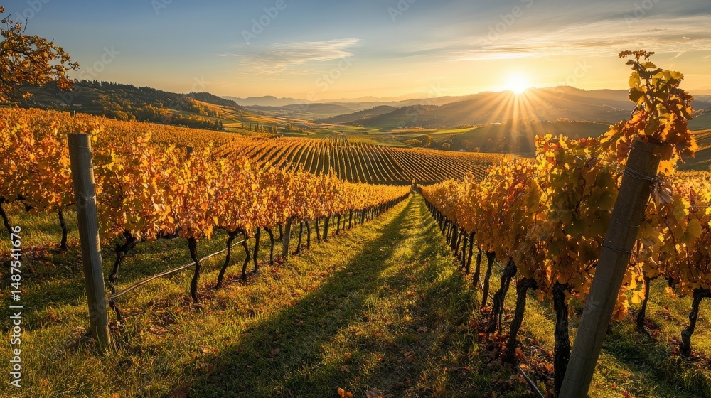 Fototapeta premium Golden vineyard rows at sunset over rolling hills.