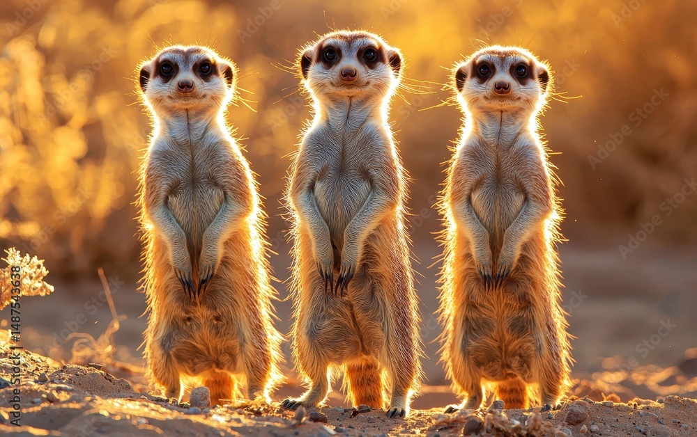 Mischievous meerkats standing on their hind legs, warm desert sun creating soft shadows, natural outdoor lighting Mischievous meerkats standing on their hind legs, warm desert sun creating soft shadows, natural outdoor lighting