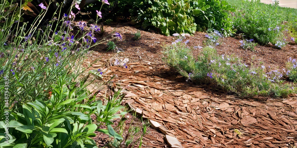 Obraz premium Vibrant Flower Bed and Mulch Garden Path in Eco-Friendly Landscaping with Blooming Flowers and Natural Beauty