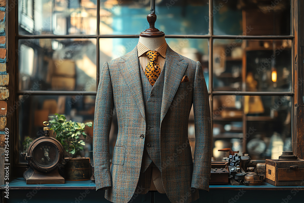Fototapeta premium Elegantly tailored grey suit displayed in a vintage shop window, showcasing professionalism and style.