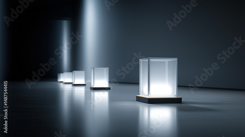 Dark museum hallway featuring empty glass display cases, shadowy environment dramatically lit by overhead beam, generating enigmatic, high tech visual narrative