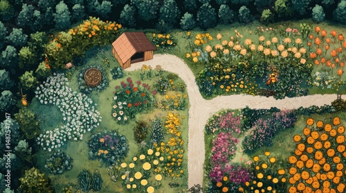 Aerial View of a Vibrant Flower Garden with a Shed and Winding Paths