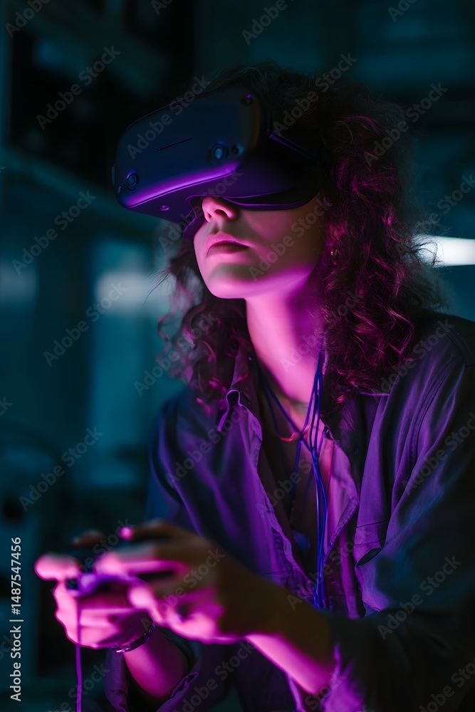 Fototapeta premium Virtual reality developer testing immersive UI in a neon lit dark interface