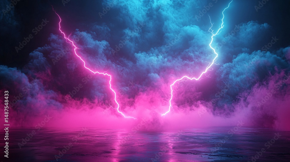 Fototapeta premium Pink and blue lightning and clouds intertwined