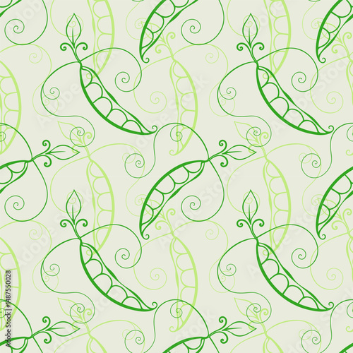 Healthy eating, vegetable green Pea pattern, pods with seeds, stylized doodles pea, green vegetable tones, vegetarianism.