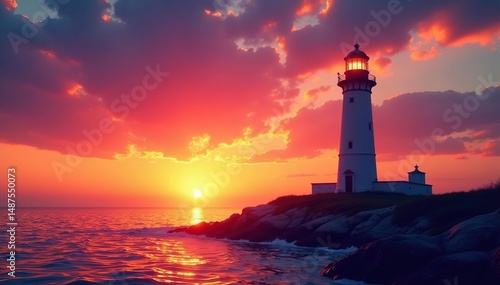 Lighthouse silhouetted against vibrant sunset sky, serene, tower