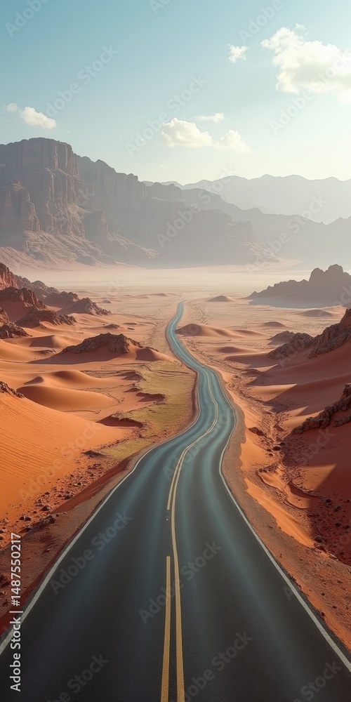 Fototapeta premium Desert road winding through mountainous terrain or A desert highway leading to distant mountains