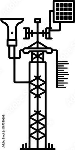 Sleek black silhouette of a compact weather station featuring an anemometer, rain gauge, and solar panel, representing agricultural weather monitoring and eco-friendly technology 