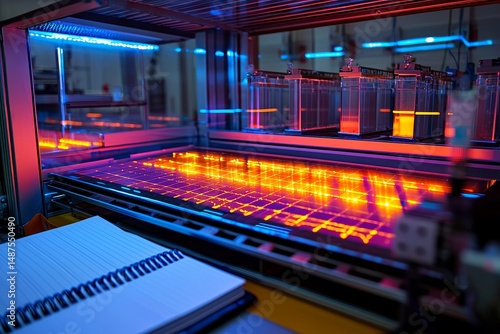 Accelerated Aging Chamber Interior with UV and Thermal Cycling Rigs Showing Electroluminescence Imaging of Micro-Crack Propagation in Thin-Film PV Modules and Lab Notebook with Efficiency Drop Curves