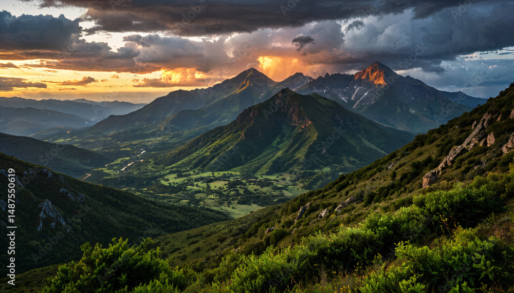 Fototapeta premium Le coucher du soleil dans la montagne