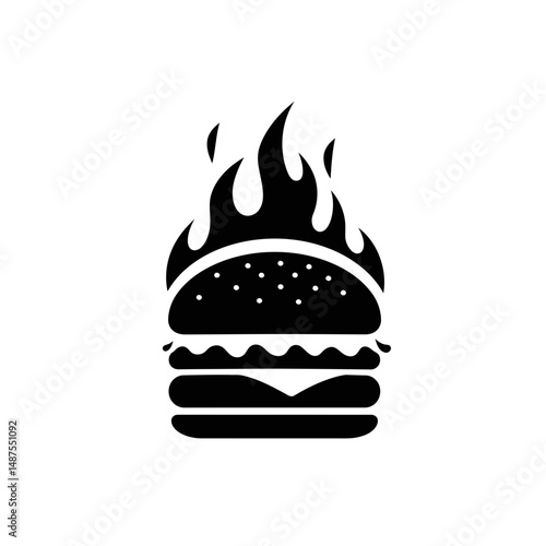 Flaming Burger: A bold monochrome illustration of a mouthwatering burger enveloped in stylized flames. This dynamic image evokes a sense of heat, freshness, and deliciousness.