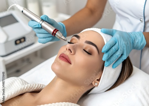 Close-up photo of a cosmetologist’s gloved hands holding a microneedling pen over a woman’s forehead, clean and professional clinical setting, no face visible.