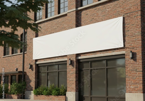 Horizontal white banner mockup on brick building facade, sunny day. Realistic 3D render for outdoor advertising template