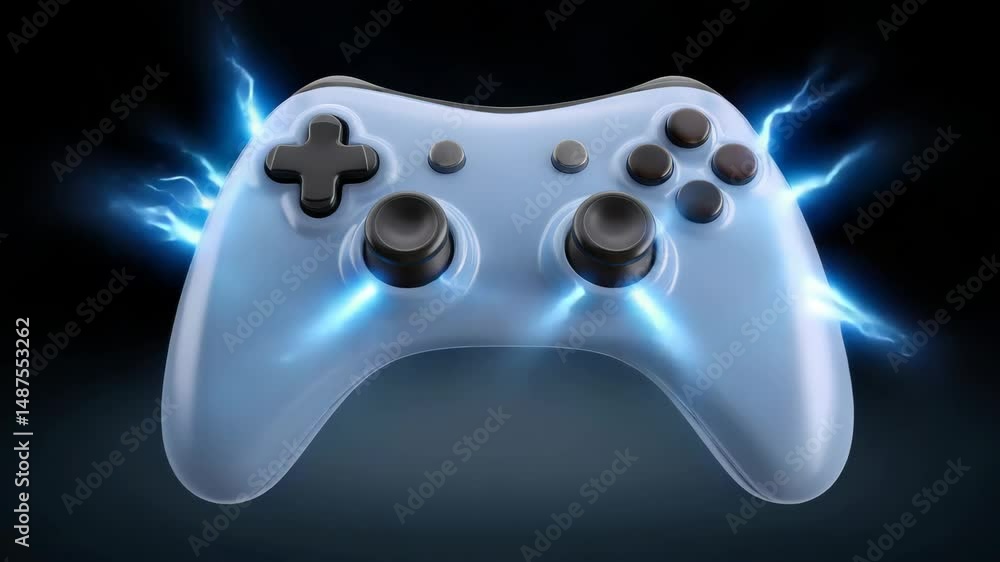 Close Up of a Blue Video Game Controller Emitting Electric Sparks Against a Dark Background Close Up of a Blue Video Game Controller Emitting Electric Sparks Against a Dark Background