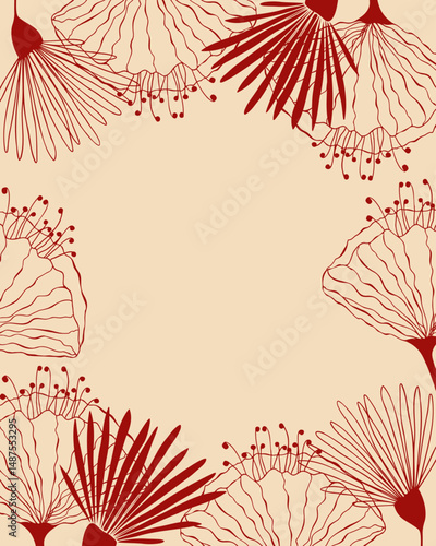 Border frame with red flowers outline on creme background, greeting card. Template for wedding, invitation, holiday. Place for inscription.