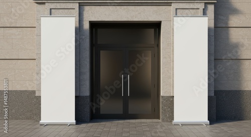 Two vertical white banner mockups at shopping mall entrance, large scale. Realistic 3D render for retail advertising template