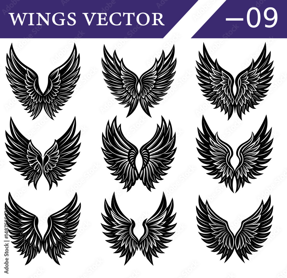Fototapeta premium Elegant Fantasy Wings Vector Set – Black Gothic Feather Silhouettes of Angel and Demon Wings for Tattoo Art and Dark Theme Designs.