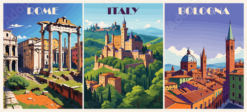 Set of Italy travel destination posters in retro style. Bologna, Rome colorful landscape vector art illustrations