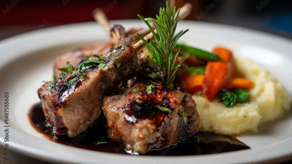 Gourmet lamb chops with balsamic glaze and vegetables - perfect for fine dining and culinary inspiration Gourmet lamb chops with balsamic glaze and vegetables - perfect for fine dining and culinary inspiration