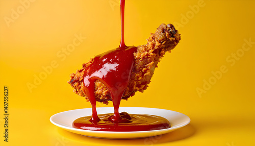  a crispy fried chicken drumstick suspended above a white plate, as a thick stream of rich red sauce is poured over it against a bright yellow background.