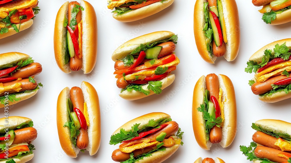 Pattern of Fresh Vegetable Hot Dogs on White Background Pattern of Fresh Vegetable Hot Dogs on White Background