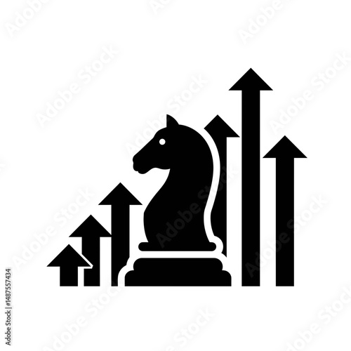 Strategic Ascent: A black chess knight rises above a sequence of upward-pointing arrows, symbolizing strategic growth and forward momentum in the business world.