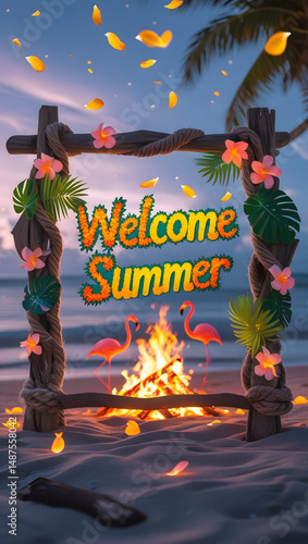 vintage rope-tied frame with bonfire ,summer vacation concept
