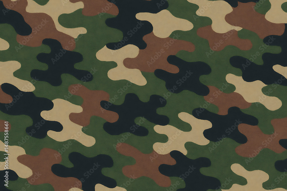 Fototapeta premium Classic military camouflage pattern in green, brown, tan, and black tones, ideal for army uniforms, tactical gear, hunting apparel, textile design, or background texture