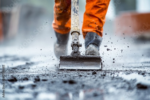 A worker using a jackhammer on concrete pavement, small particles flying around, clean and professional composition, copy space, natural color, minimalism, stock photography