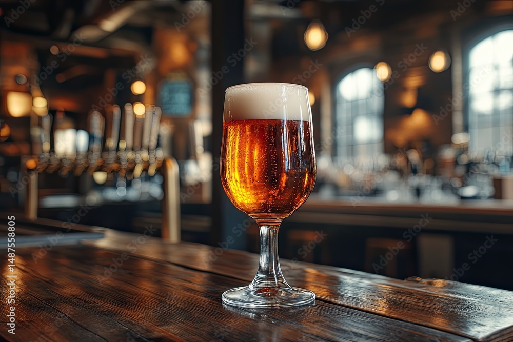Glass of chilled beer on wooden tabletop in bar and blurred brightly lit bar interior in background Glass of chilled beer on wooden tabletop in bar and blurred brightly lit bar interior in background