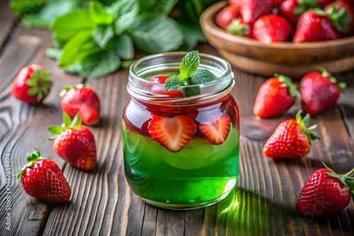 Wallpaper Mural Clear glass jar with green and red liquid topped with strawberry isolated on transparent background
 Torontodigital.ca