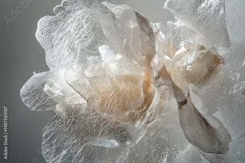 Biodegradable packaging dissolving into flower petals with time-lapse crystallization and pearlescent cellulose film textures