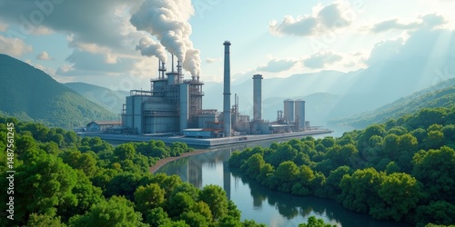 A factory on a riverbank with smoke stacks