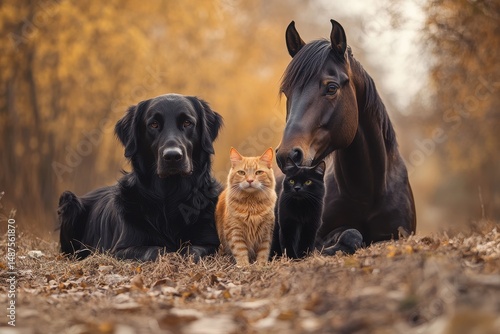 Loyal dog, orange tabby cat, black cat and brown horse posing. Good for ads about animal shelters, pets, or animal companionship.