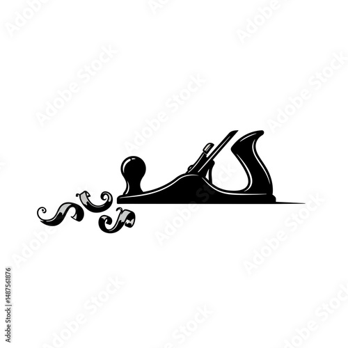 Hand Plane Graphic: Illustration of a hand plane with wood shavings, rendered in a simple yet elegant graphic style, perfect for representing woodworking or craftsmanship.