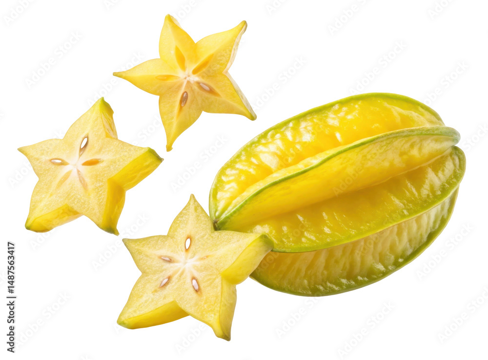 Fresh Yellow Starfruit Halved with Slices Displayed on Transparent Background Fresh Yellow Starfruit Halved with Slices Displayed on Transparent Background
