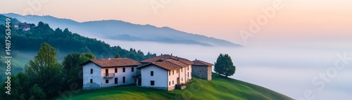 Wallpaper Mural Hilltop Houses at Sunrise, Foggy Valley,Rural ,Italy Torontodigital.ca