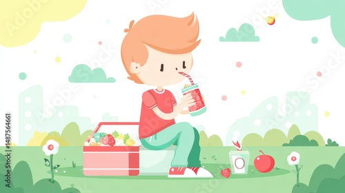 Cartoon Boy Enjoying a Picnic in the Park Illustration