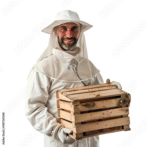 Smiling beekeeper holding a beehive.  Beekeeping suit, protective gear, honey production, natural product