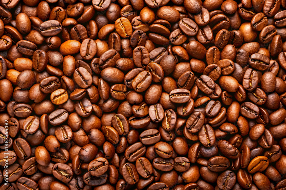 Obraz premium Brown coffee beans lot captured in closeup with focus on texture and roasted aroma