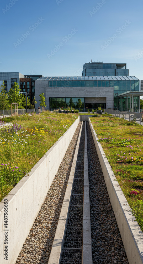Fototapeta premium Modern Green Roof Drainage: Sustainable Architecture & Urban Landscape Design with Biodiversity & Stormwater Management