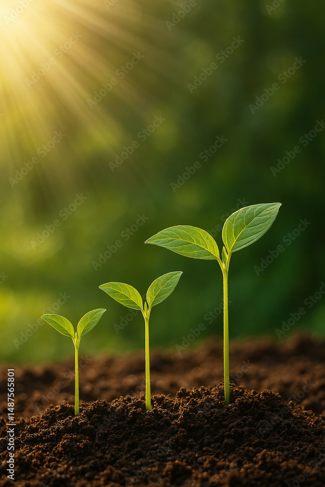 Fototapeta premium Three green seedlings are growing in rich soil under sunlight