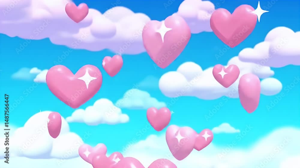 Pink Hearts Floating in the Sky with White Clouds Romantic and Cheerful Background Pink Hearts Floating in the Sky with White Clouds Romantic and Cheerful Background