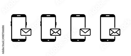 Mobile phone with envelope message icon set. Email on cellphone screen sign symbol