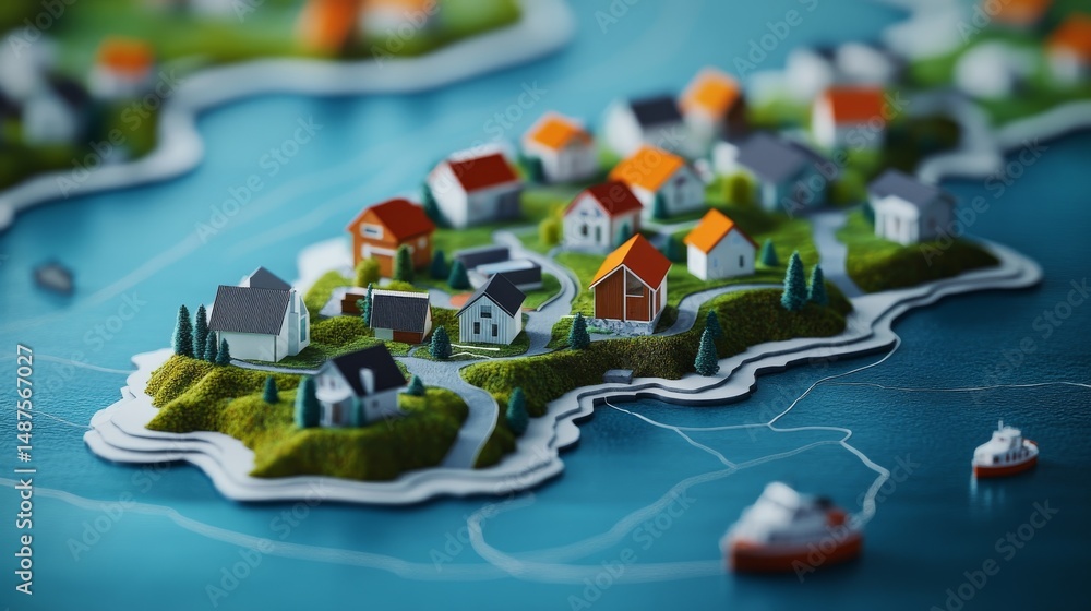 Fototapeta premium Miniature Island Village Colorful Houses by the Sea, tiny world ,real estate