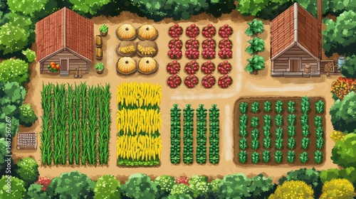 Aerial View of a Rustic Farm:  Organized Crops, Wooden Barns, and Lush Greenery