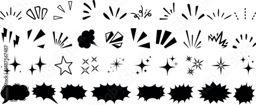 Comic explosion element, star burst, speech bubble, and sparkle icon collection in black silhouette style. Perfect for pop art, retro comics, and cartoon effects in graphic design projects