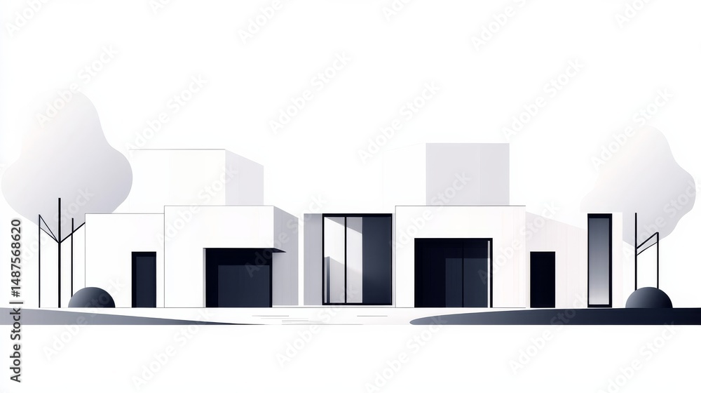 Fototapeta premium Minimalist White House Illustration with Trees, Architecture , Modern
