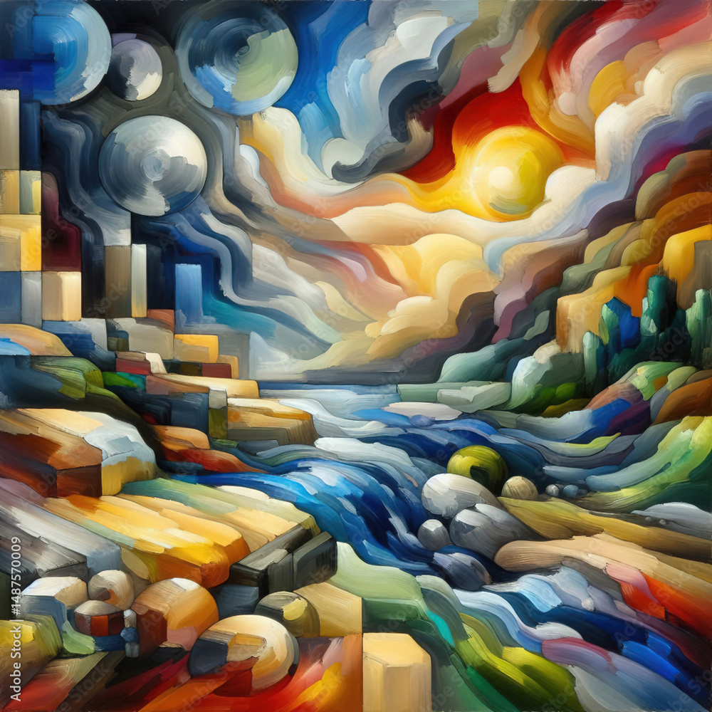 Obraz premium Abstract expressionist painting depicts the interaction of various natural elements, light, water, tree, sky and moon.
